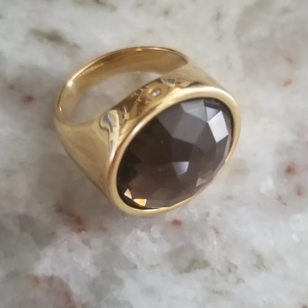 LE HEAVY HIGH END MONICA RICH KOSANN DIAMOND FACETED SMOKY QUARTZ 18K GOLD RING